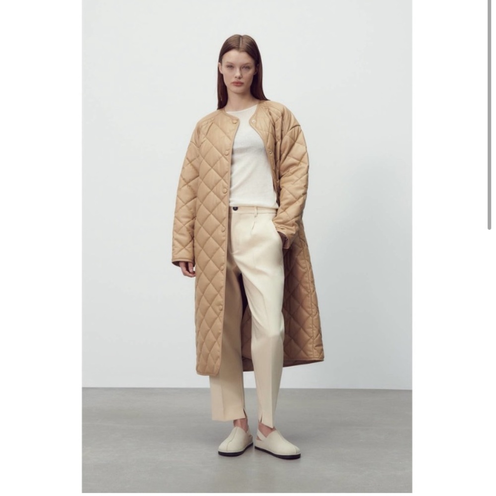 Zara Quilted Long Camel Leather Jacket